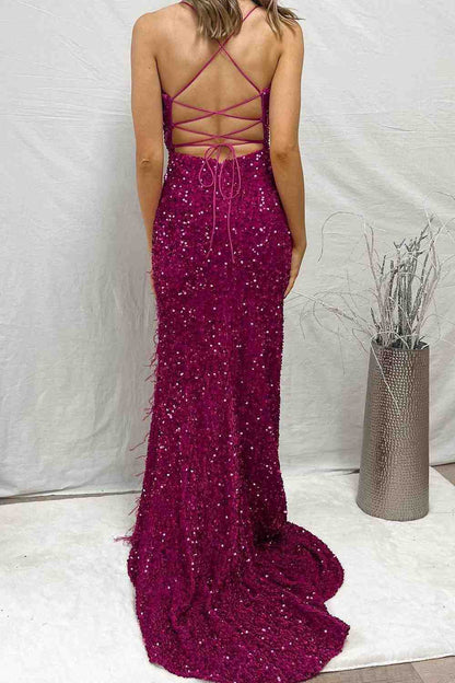 Sheath Mermaid Shine Sequins Lace-Up Sweep/Brush Train Dresses Open Back Long Prom Dress with Feathers