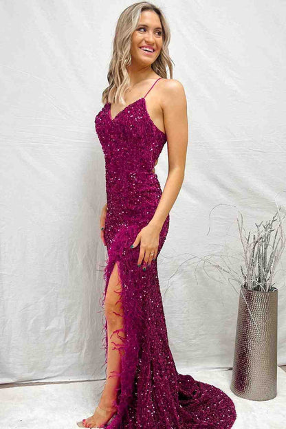 Sheath Mermaid Shine Sequins Lace-Up Sweep/Brush Train Dresses Open Back Long Prom Dress with Feathers