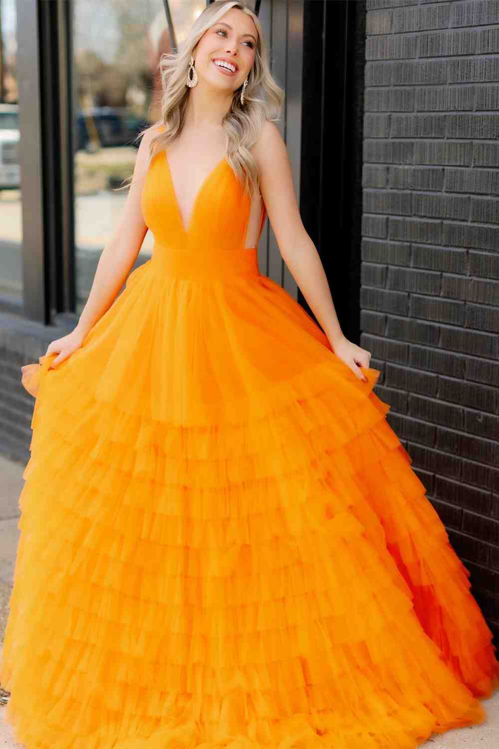 Tiered Sweep/Brush Train Dresses Deep V-Neck Tulle Layers Long Prom Dress