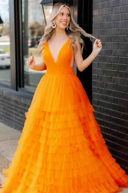 Tiered Sweep/Brush Train Dresses Deep V-Neck Tulle Layers Long Prom Dress