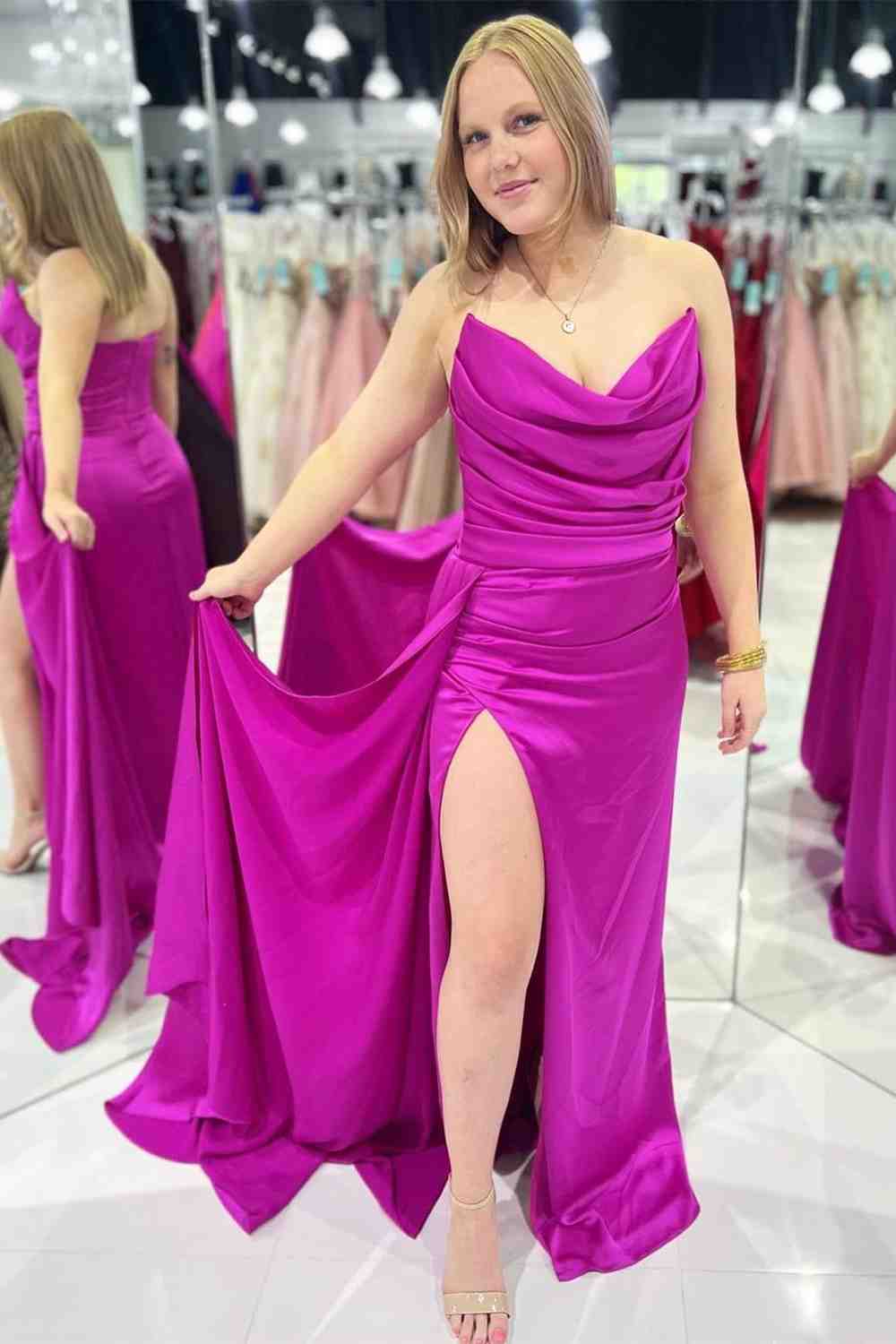 Cowl Neck Mermaid Satin Pleated Slit Long Prom Dress