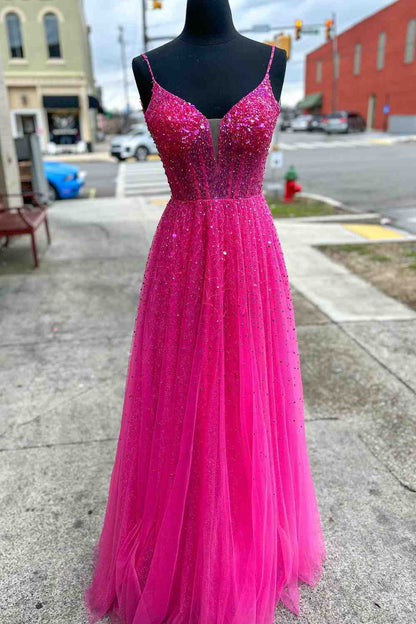 A-Line Spaghetti Straps Open Back Beaded Long Formal Dress Prom Dress With Sequins