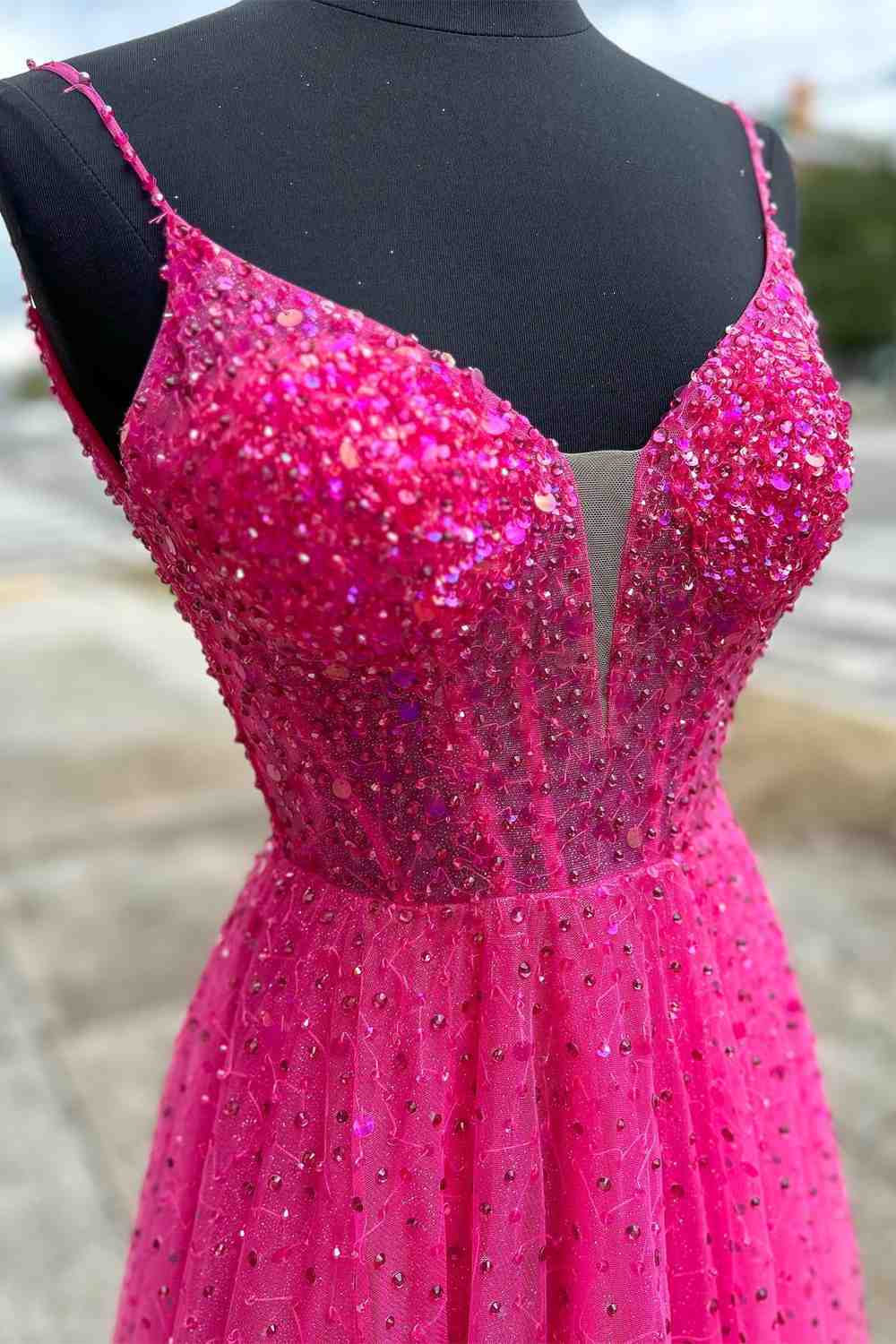 A-Line Spaghetti Straps Open Back Beaded Long Formal Dress Prom Dress With Sequins