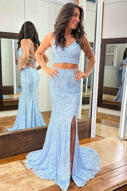 Sheath Mermaid V Neck Sweep/Brush Train Dresses Lace-Up Back Sequins Slit Long Prom Dress