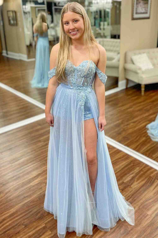 Sweep/Brush Train Dresses Off the Shoulder Light Blue A-line Tulle Applique Long Prom Dress