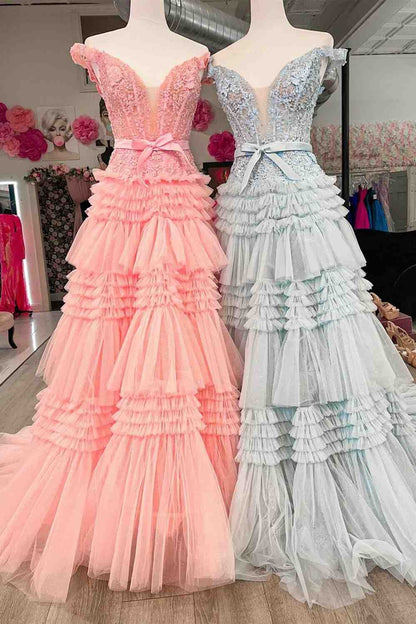 Sweep/Brush Train Dresses Off The Shoulder A-line Tulle Ruffles Layers Applique Long Prom Dress