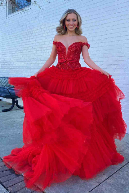 Sweep/Brush Train Dresses Off The Shoulder A-line Tulle Ruffles Layers Applique Long Prom Dress