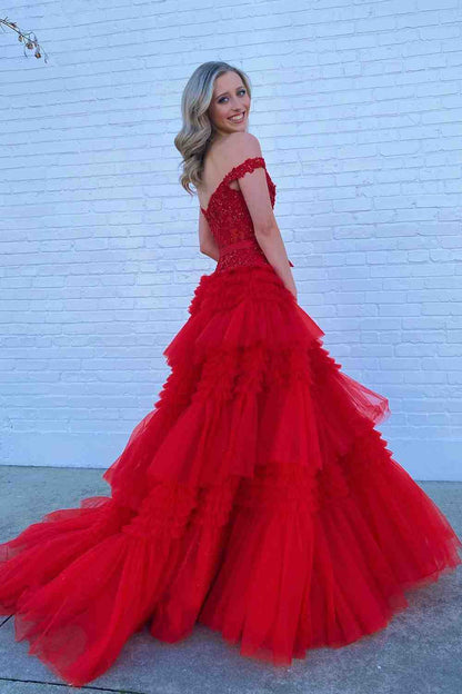 Sweep/Brush Train Dresses Off The Shoulder A-line Tulle Ruffles Layers Applique Long Prom Dress