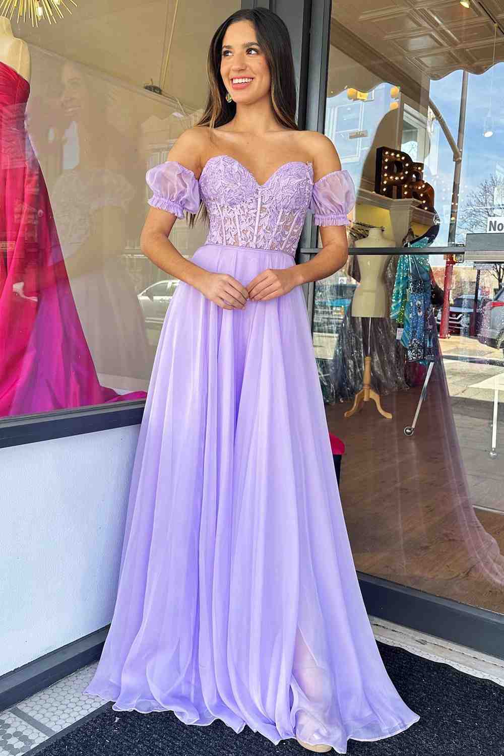 Sweep/Brush Train Dresses Off The Shoulder A-line Chiffon Applique Lace-Up Long Prom Dress