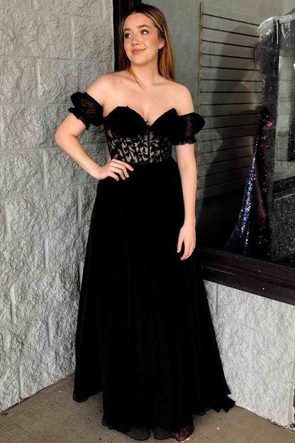 Sweep/Brush Train Dresses Off The Shoulder A-line Chiffon Applique Lace-Up Long Prom Dress
