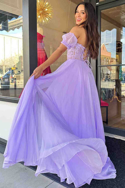 Sweep/Brush Train Dresses Off The Shoulder A-line Chiffon Applique Lace-Up Long Prom Dress