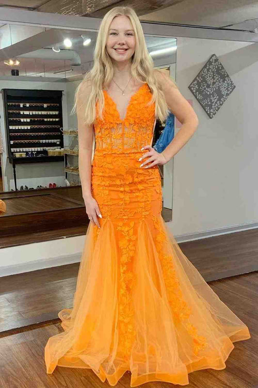 Sheath Mermaid V Neck  Sweep/Brush Train Dresses Tulle Applique Backless Long Prom Dress