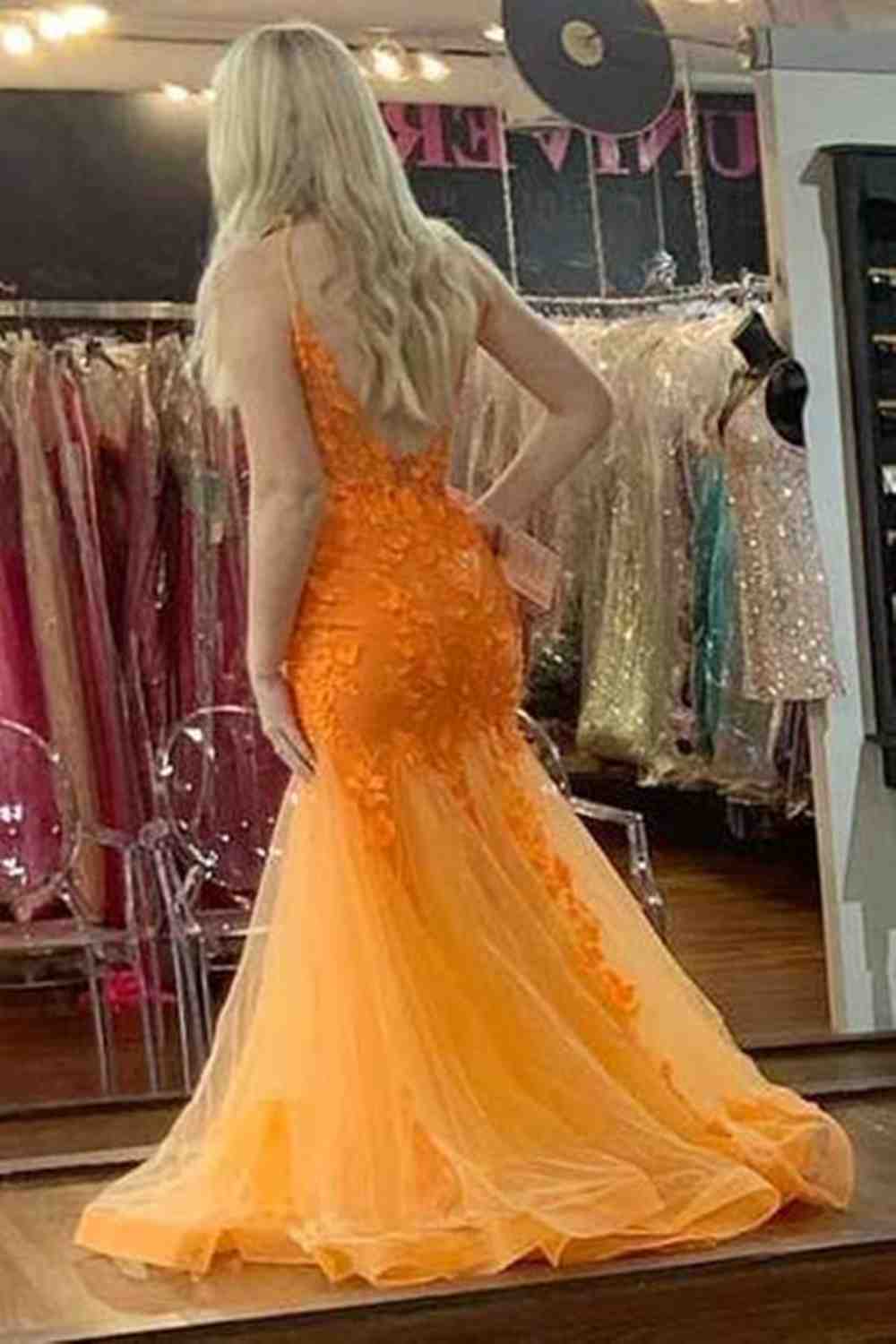 Sheath Mermaid V Neck  Sweep/Brush Train Dresses Tulle Applique Backless Long Prom Dress