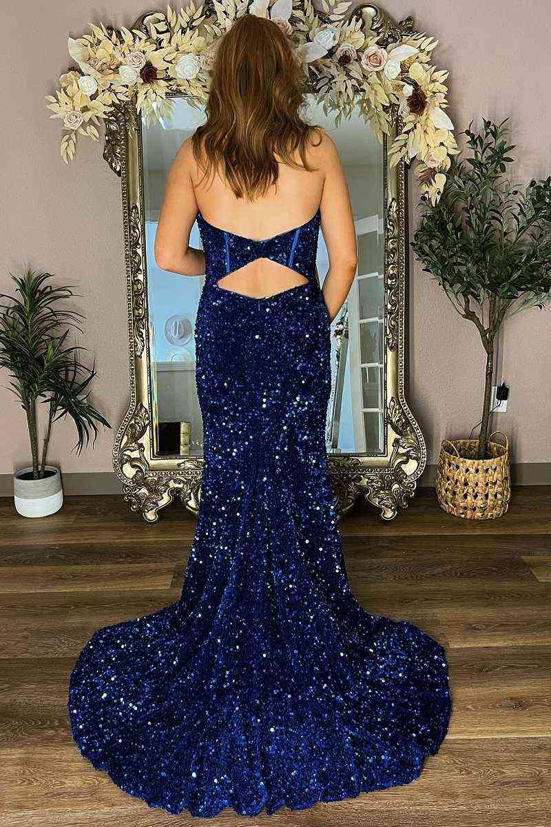 Sheath  Mermaid Strapless  Sweep/Brush Train Dresses Shine Sequins Slit Long Prom Dress