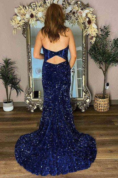 Sheath  Mermaid Strapless  Sweep/Brush Train Dresses Shine Sequins Slit Long Prom Dress