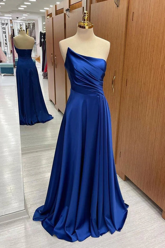 Sweep/Brush Train Dresses Royal Blue Satin Strapless Pleated Long Prom Dress