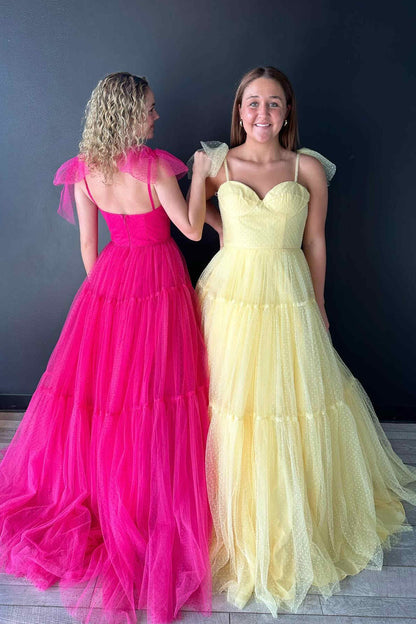 A-Line Floor Length  Swiss Dot Tulle Prom Dress with Bow Tie