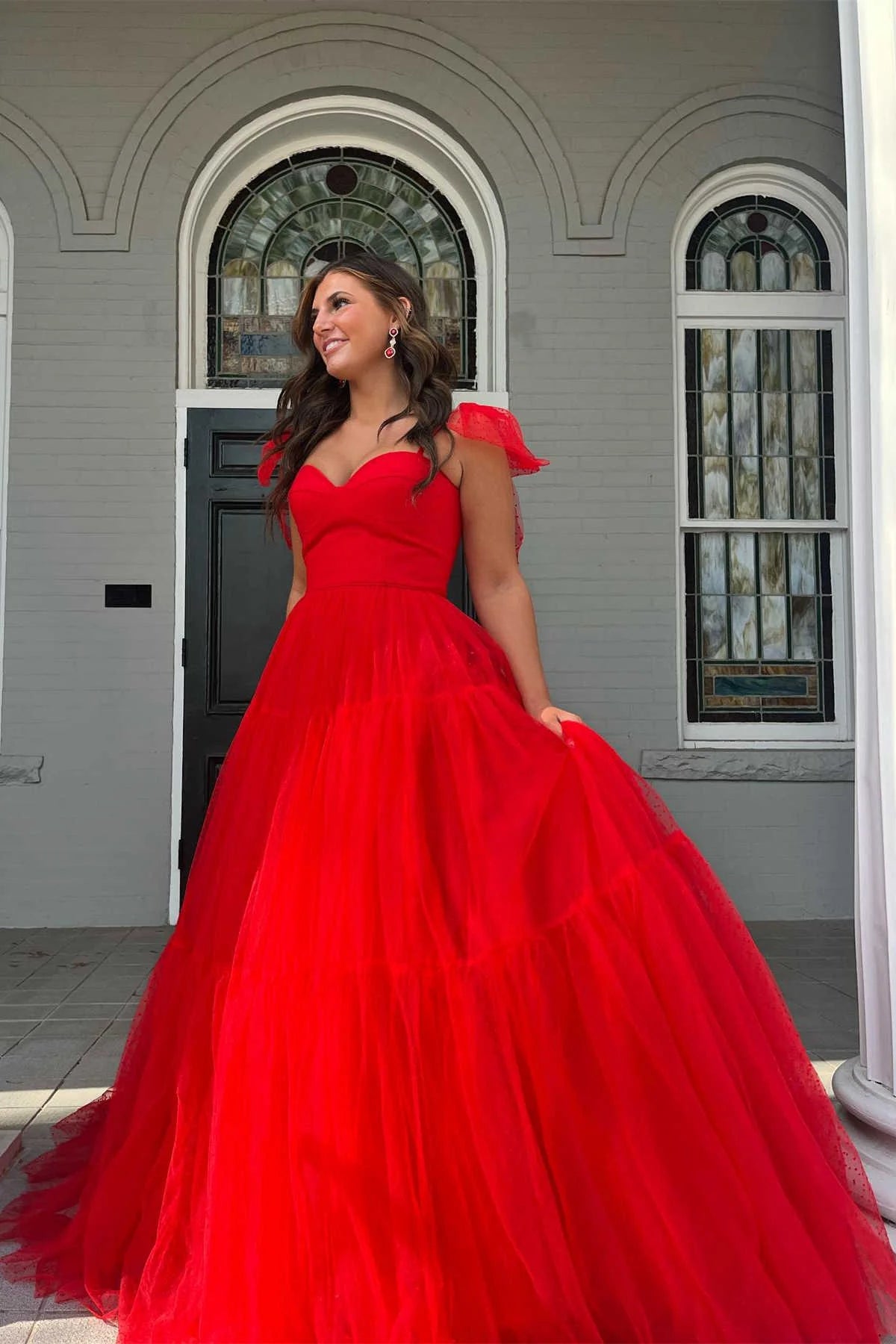 A-Line Floor Length  Swiss Dot Tulle Prom Dress with Bow Tie