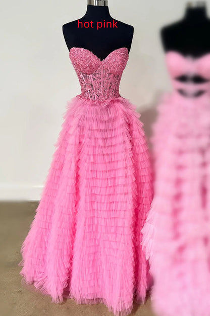 Sweep/Brush Train Dresses Layers Yellow Lace Corset Tiered Tulle Prom Dress