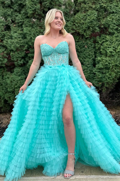 Sweep/Brush Train Dresses Layers Yellow Lace Corset Tiered Tulle Prom Dress