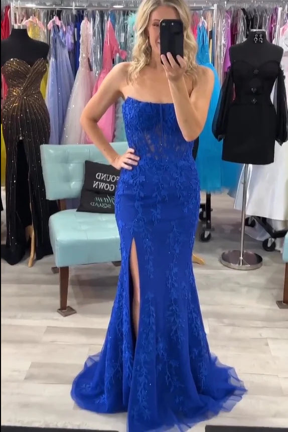 Sweep/Brush Train Dresses Strapless Lace Corset Mermaid Slit Long Prom Dress