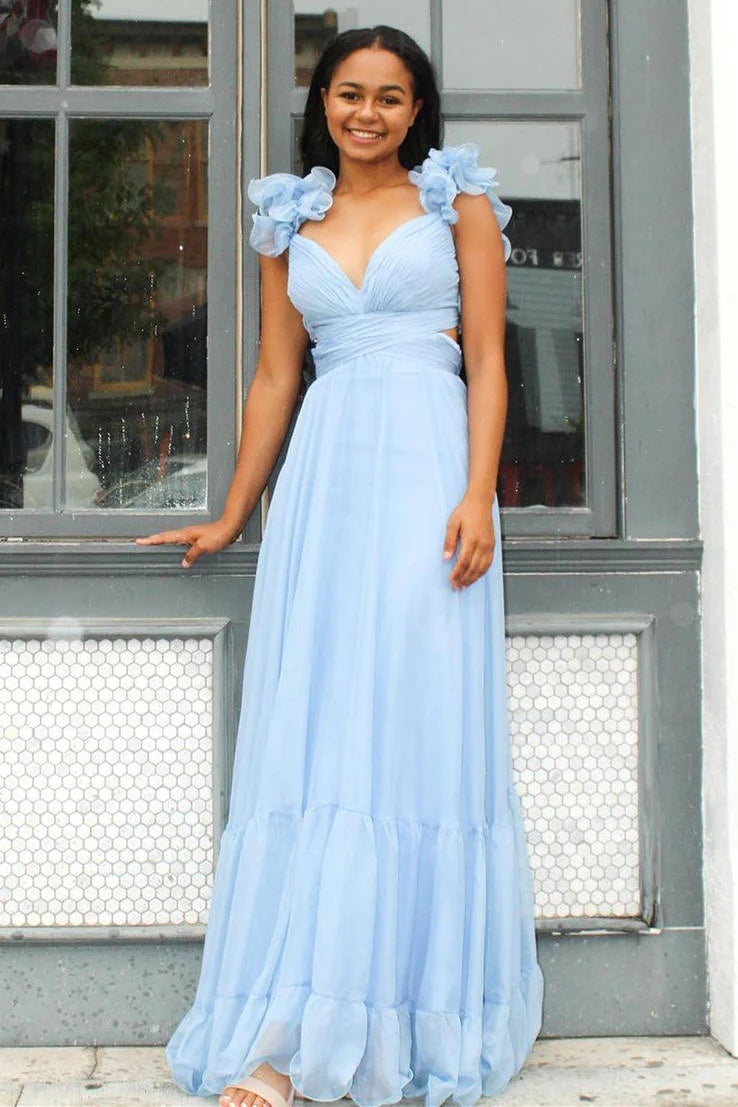 Floor Length  Lace-Up Fuchsia V-Neck Ruffle Pleated Long Prom Dress