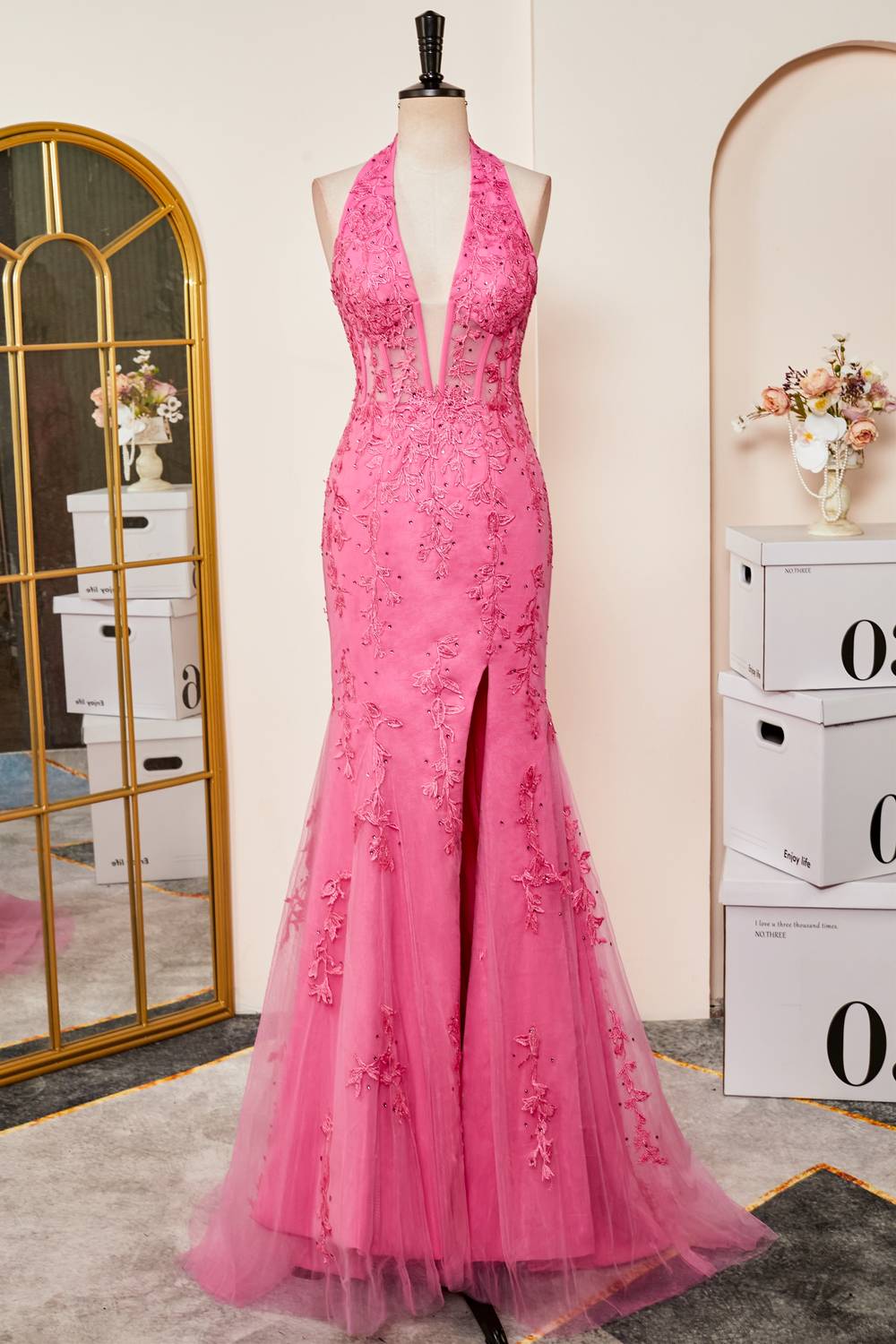 Sheath Mermaid Hot Pink Halter Neck Appliques Long Prom Dress with Slit