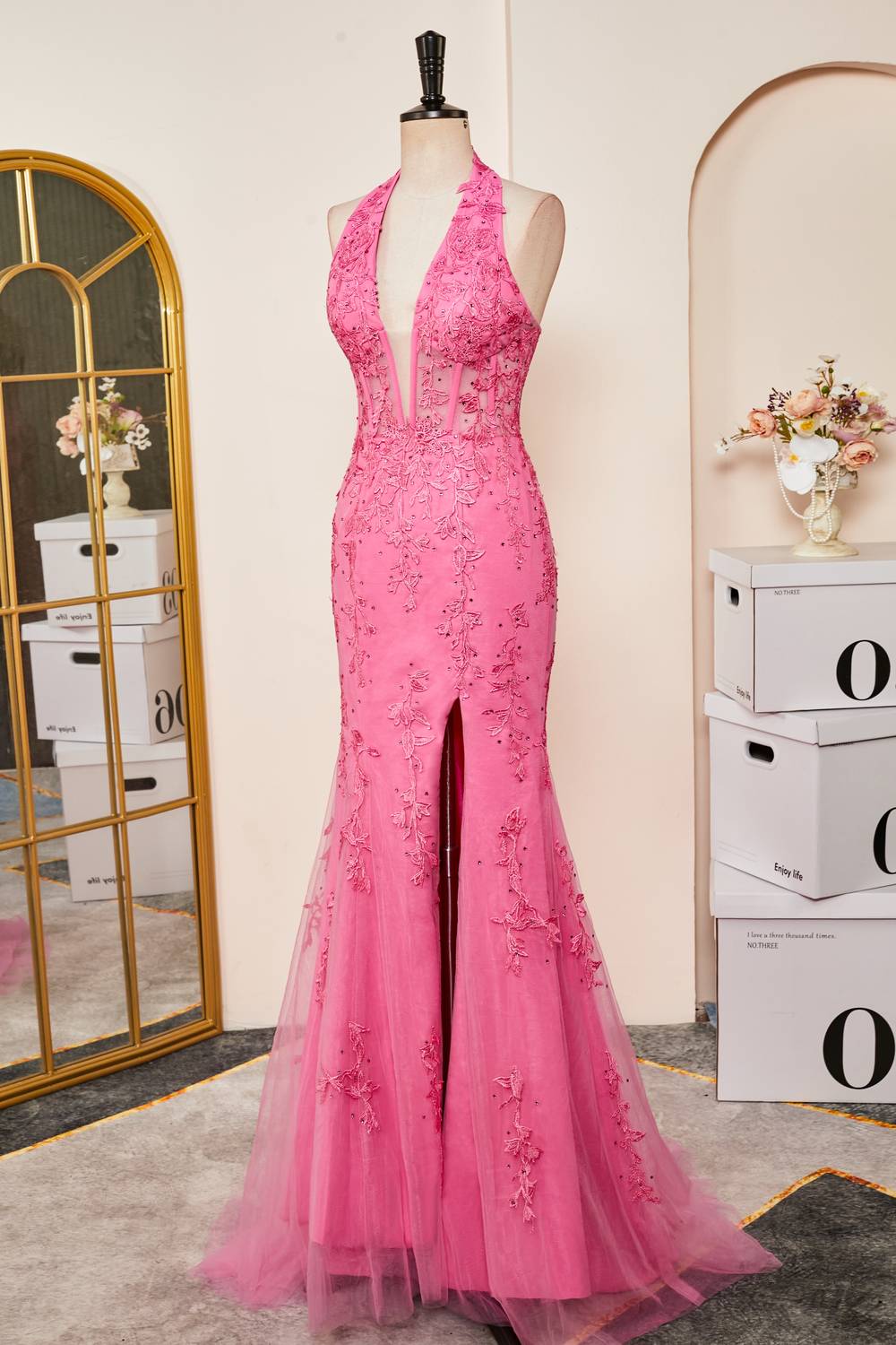 Sheath Mermaid Hot Pink Halter Neck Appliques Long Prom Dress with Slit