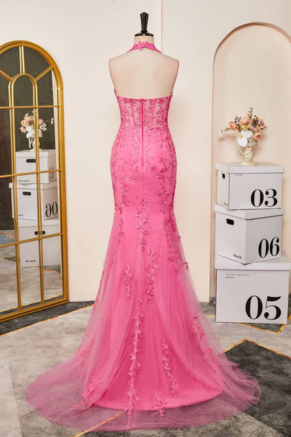 Sheath Mermaid Hot Pink Halter Neck Appliques Long Prom Dress with Slit