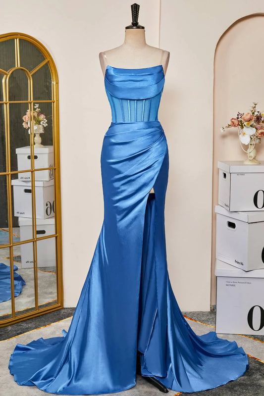 Sweep/Brush Train Dresses Strapless Blue Ruched Satin Prom Dress with Slit