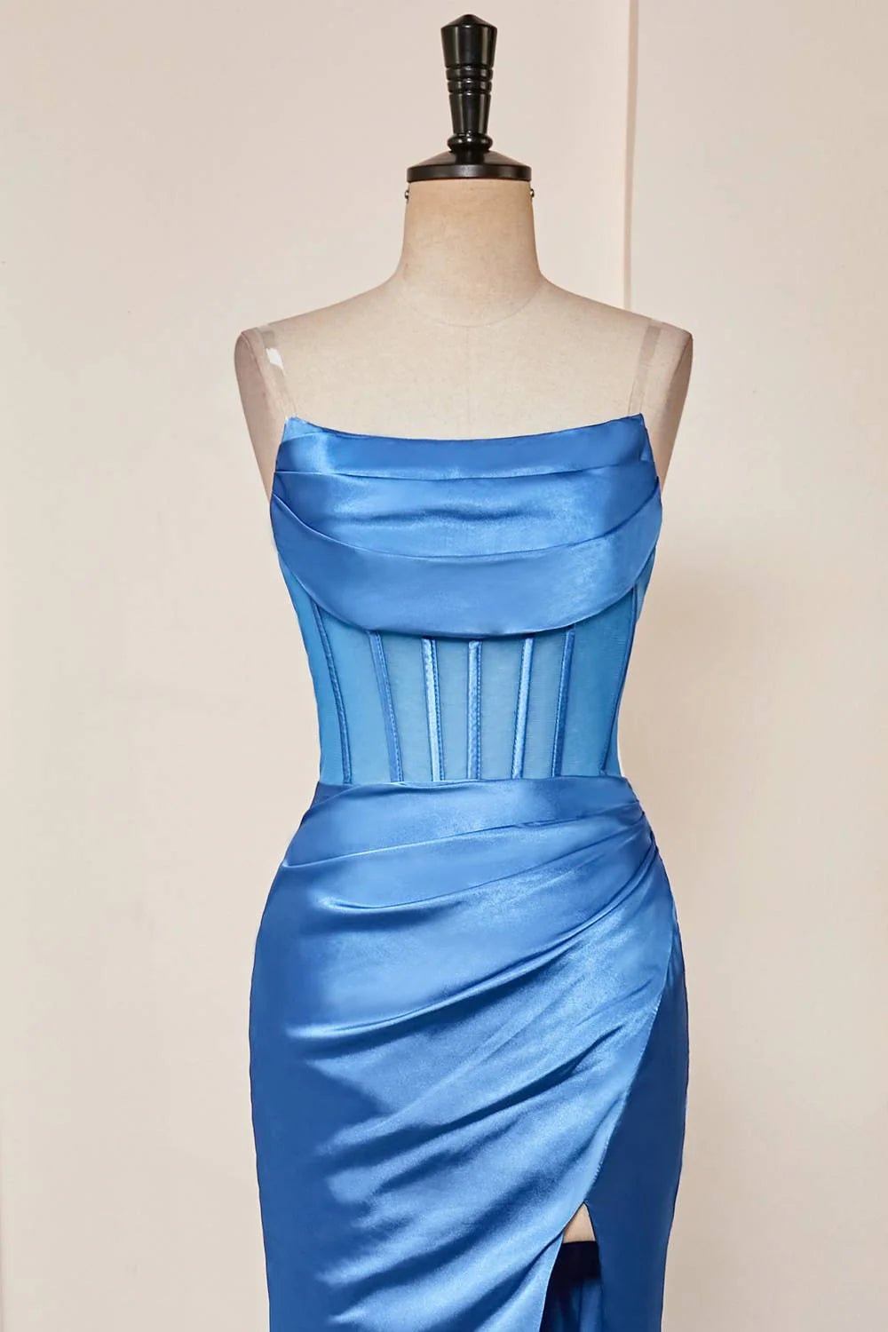 Sweep/Brush Train Dresses Strapless Blue Ruched Satin Prom Dress with Slit