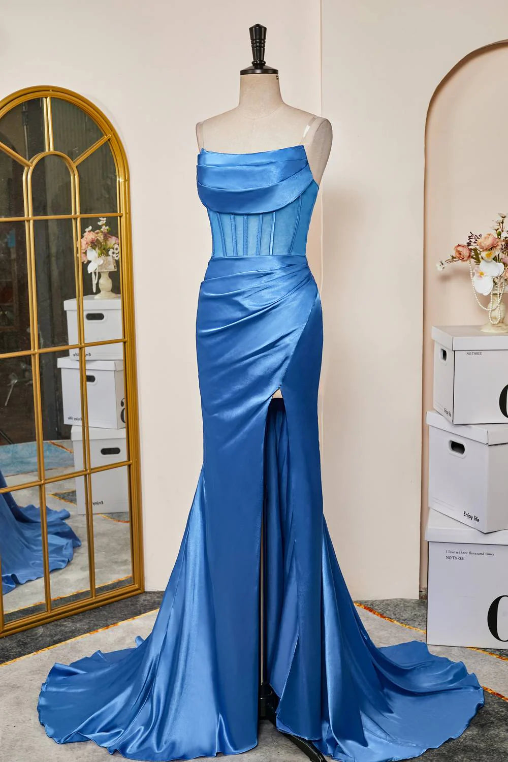 Sweep/Brush Train Dresses Strapless Blue Ruched Satin Prom Dress with Slit