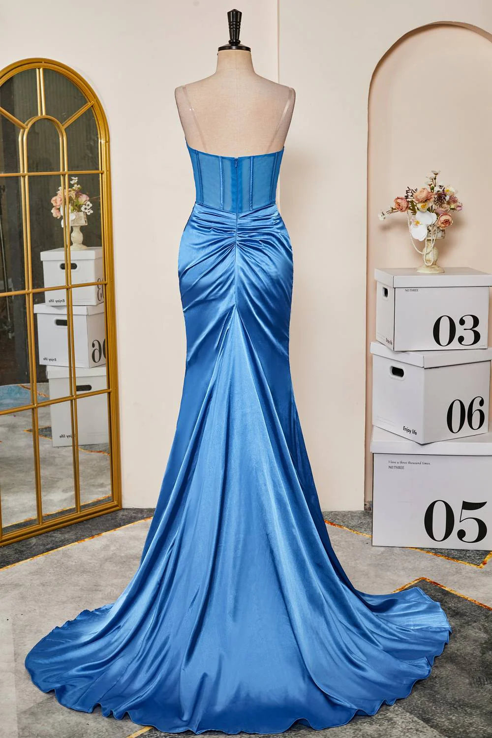 Sweep/Brush Train Dresses Strapless Blue Ruched Satin Prom Dress with Slit