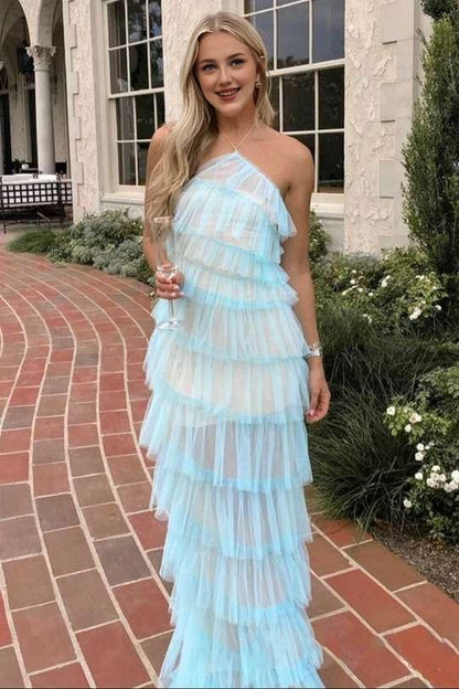 Floor Length Halter Straps Blue Layered Maxi Dress with Slit