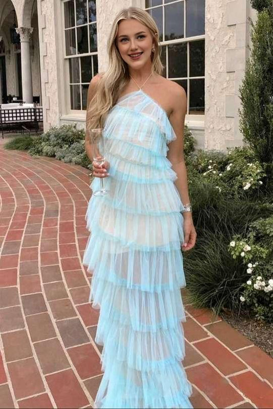 Floor Length Halter Straps Blue Layered Maxi Dress with Slit