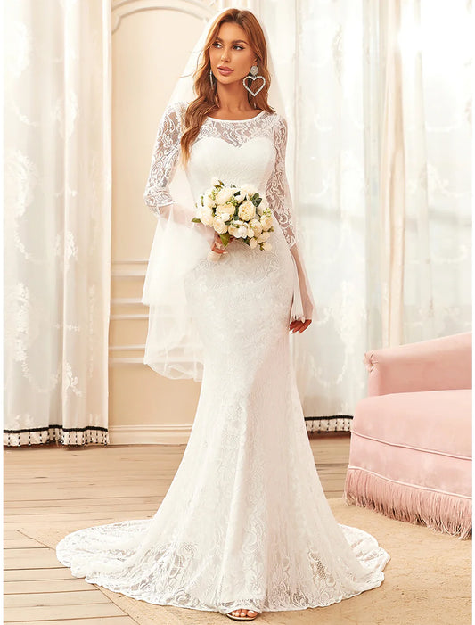 Boho Wedding Dresses Mermaid / Trumpet Illusion Neck Long Sleeve Sweep / Brush Train Lace Bridal Gowns With Lace