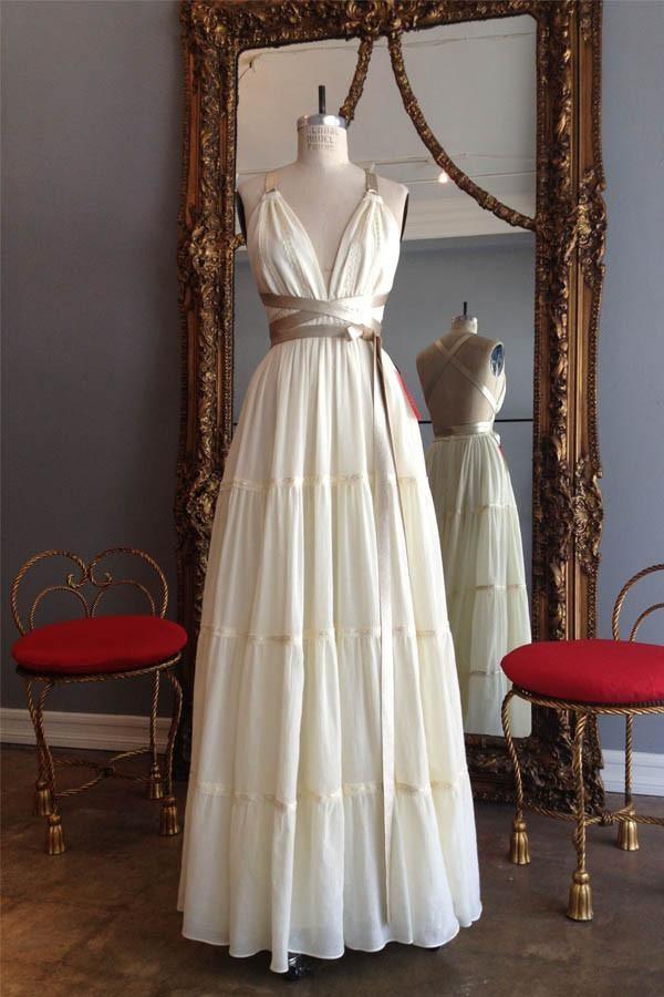 Simple V-neck Long Cross-back Long Wedding Dresses