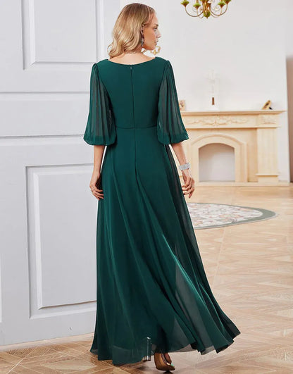 Dark Green A-line Long Sleeves Pleats V-neck Mother of Bride Dress