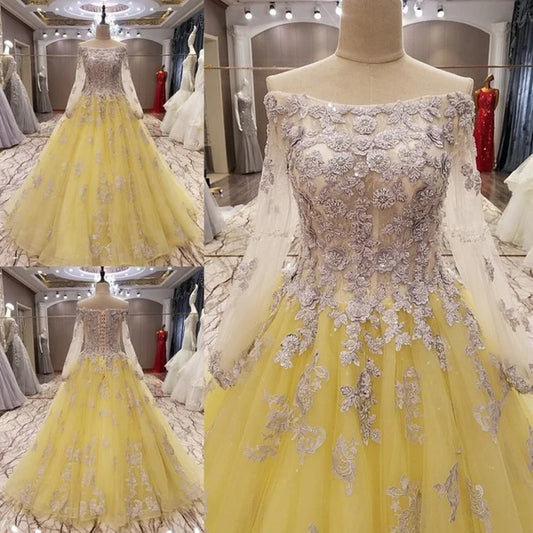 Yellow Evening Ball Gown Long Sleeve Sweep/Brush Train Scoop Neck  Long Formal Prom Dress