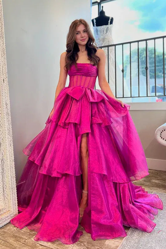 Charming Ball Gown Strapless Off-the-Shoulder Fuchsia Organza Prom Dresses