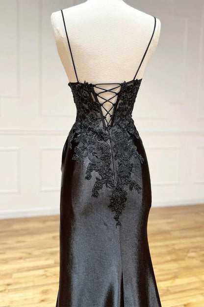 Appliques V-Neck Lace-Up Prom Gown with Slit