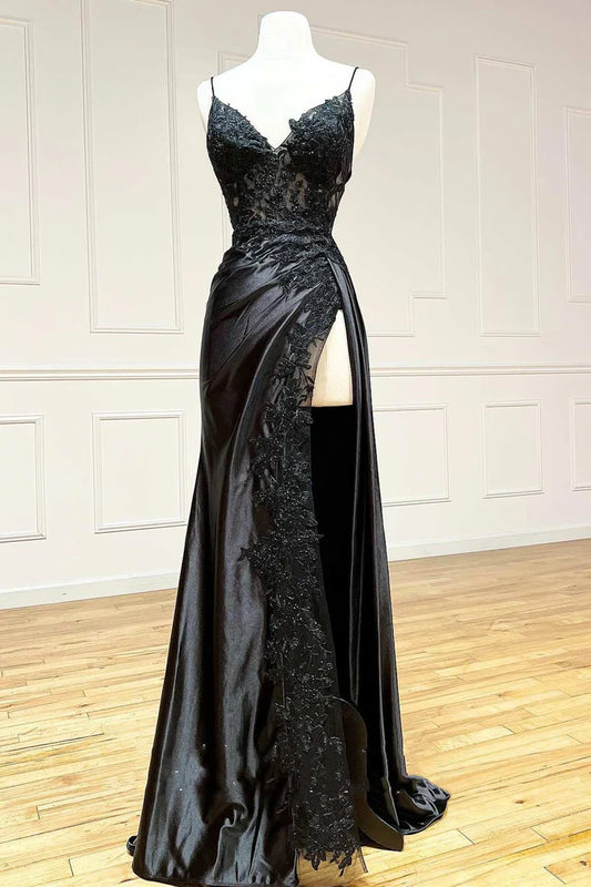 Appliques V-Neck Lace-Up Prom Gown with Slit