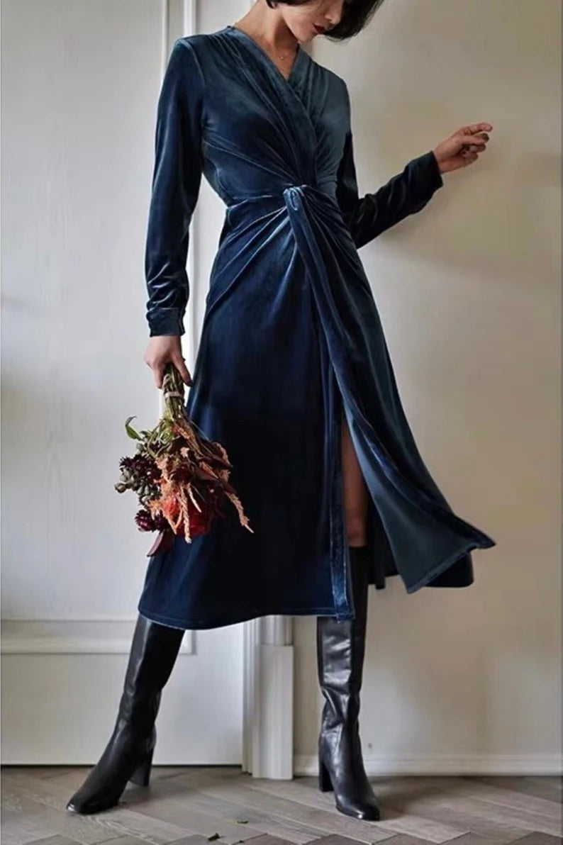 Velvet Dress V Neck Long Sleeves Luxury Formal Wear Dresses Wedding Guest Dress Evening Dress