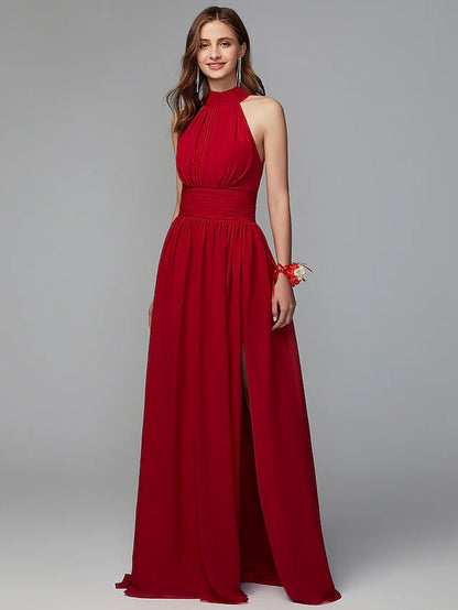 A-Line Bridesmaid Dress High Neck Sleeveless Furcal Floor Length Chiffon with Pleats / Split Front