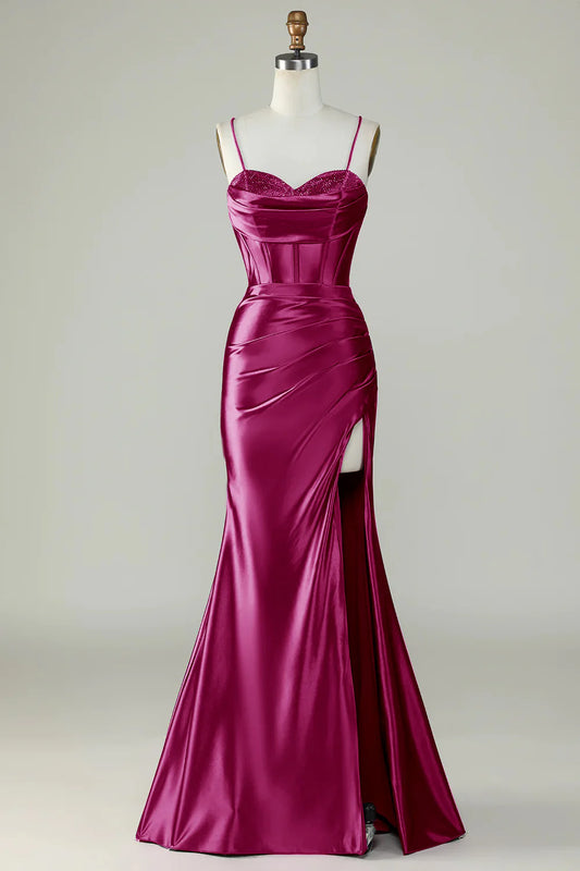 Burgundy Spaghetti Straps Mermaid Satin Sequins Long Prom Dress With Slit