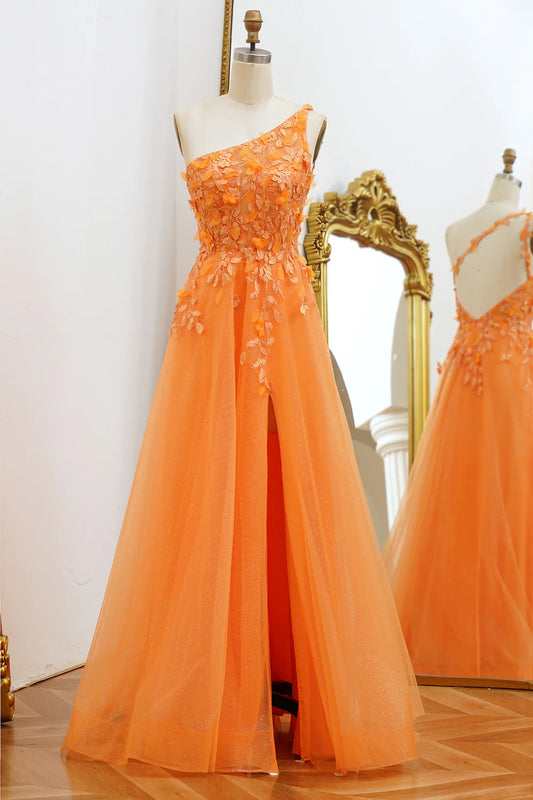Orange A-Line Appliqued One Shoulder Applique Tulle Prom Dress With Split Fork