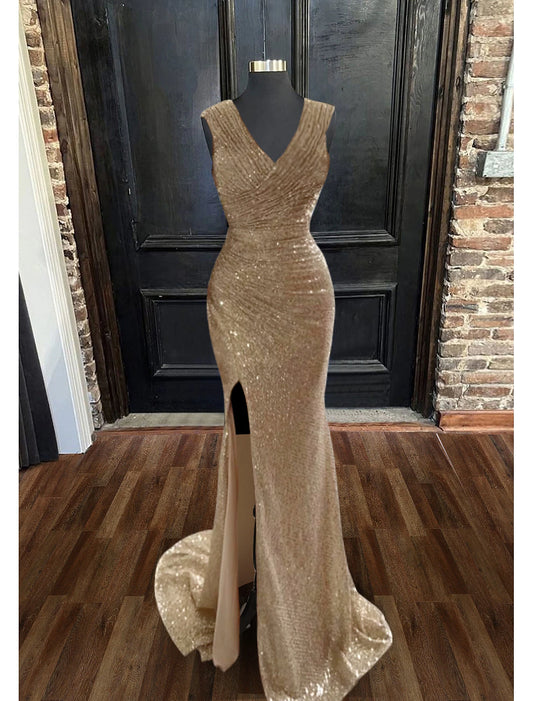 December Wedding Guest Dress Sheath / Column Shine Dress Sleeveless V Neck Sequined with Glitter Ruched Split Fork Prom Dresses