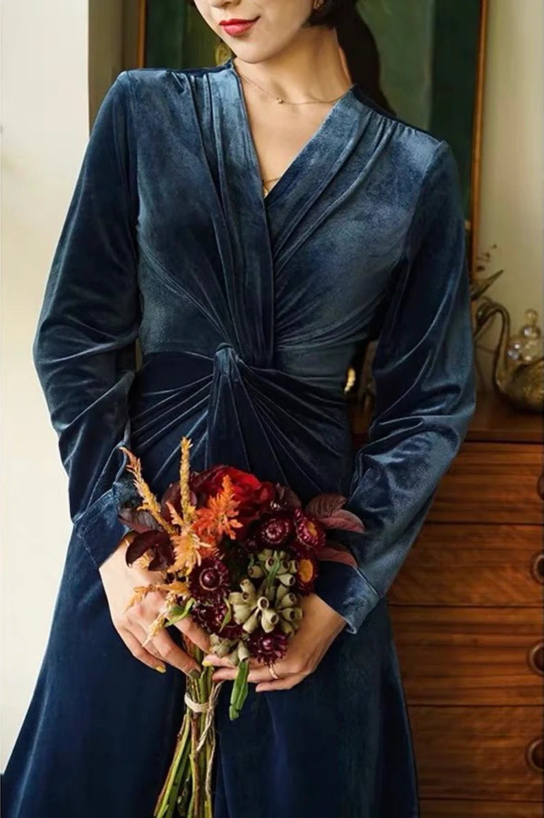 Velvet Dress V Neck Long Sleeves Luxury Formal Wear Dresses Wedding Guest Dress Evening Dress
