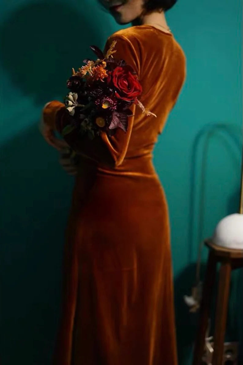 Velvet Dress V Neck Long Sleeves Luxury Formal Wear Dresses Wedding Guest Dress Evening Dress