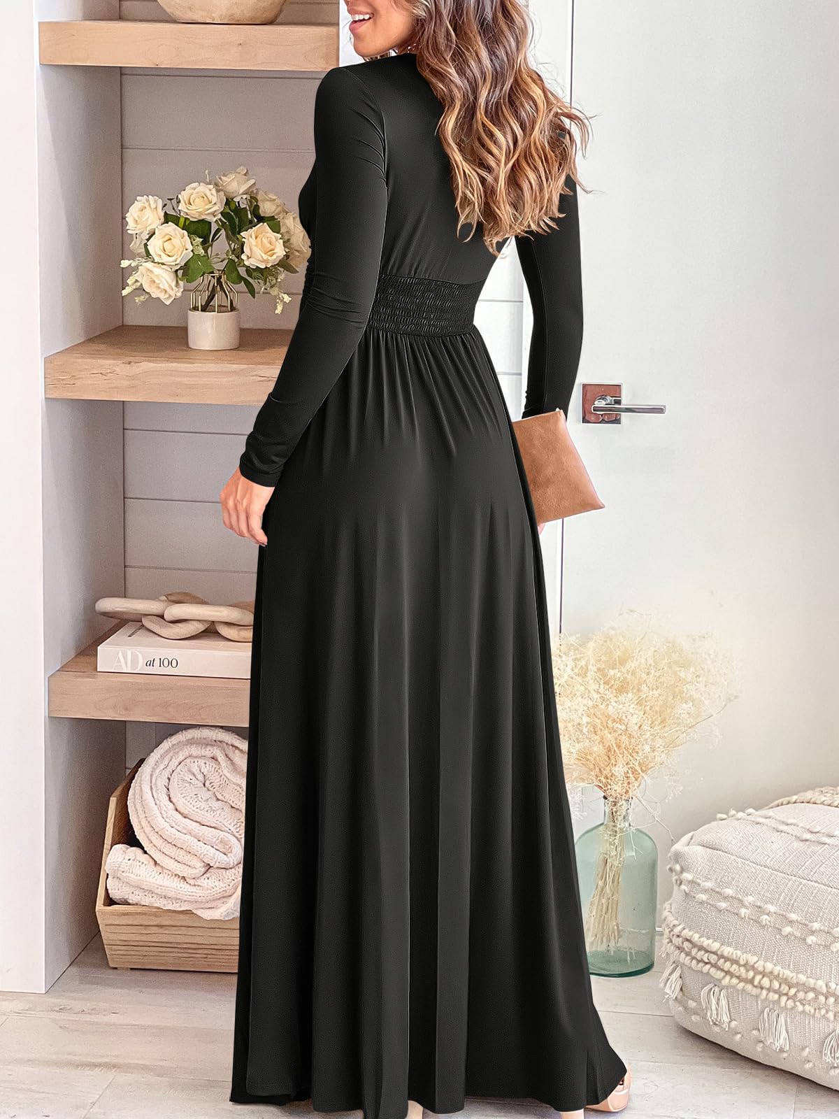 Wedding Guests Dresses Women Deep V Neck Long Sleeve Slit Elegant Formal Wedding Guest Cocktail Evening Date Maxi Long Dress Prom Dresses Formal Wear Dresses